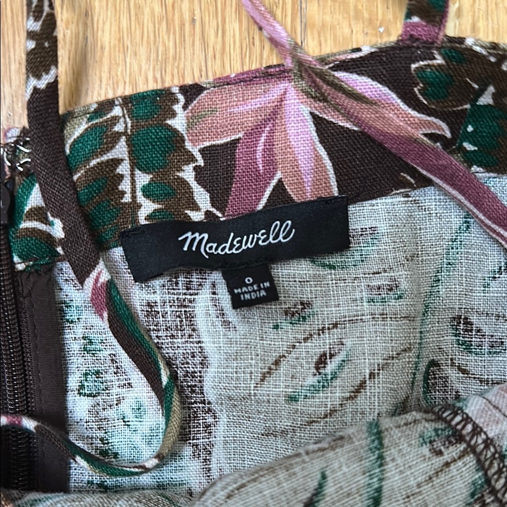 Madewell Goldie Tropical Print Mini Dress in 100% Linen Size 0 Dark Coffee